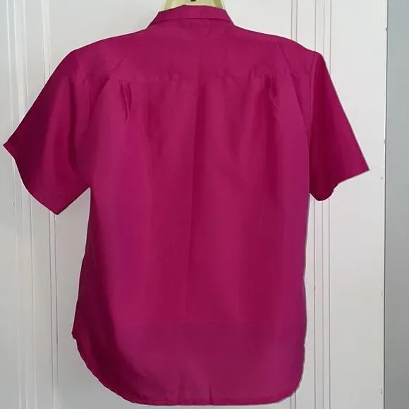 Vintage 80s Rikrak fuchsia pink polyester short sleeve button down shirt - Picture 6 of 8